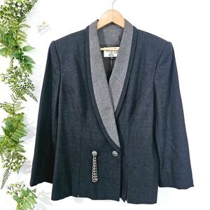 90s Kasper for ASL Wool Blazer Gray‎ Shawl Collar Chain Detail Dark Academia